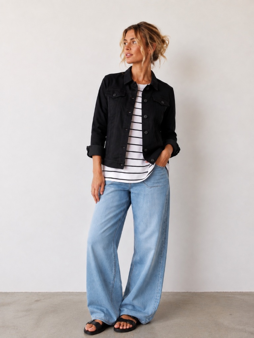 BELLE BY KIM GRAVEL Black Twill Denim Trucker Jacket Knit Back & Sleeves M EUC - Picture 2 of 11